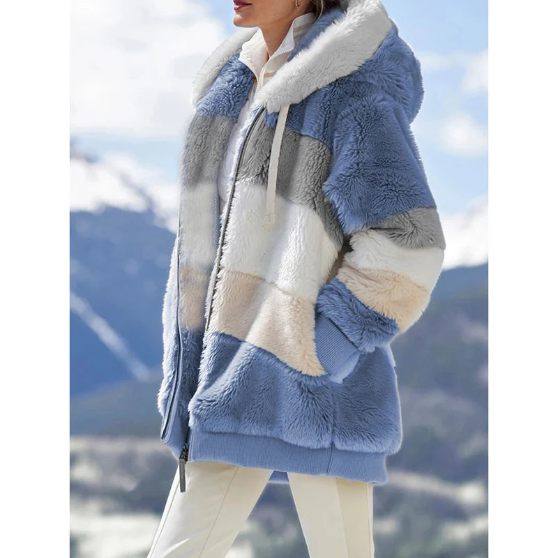 Women's Sweatshirts Contrast Color Hooded Coat Long Sleeve Zip-up Plush Tops For Spring Autumn Women's Hoodies Streetwear Y2k