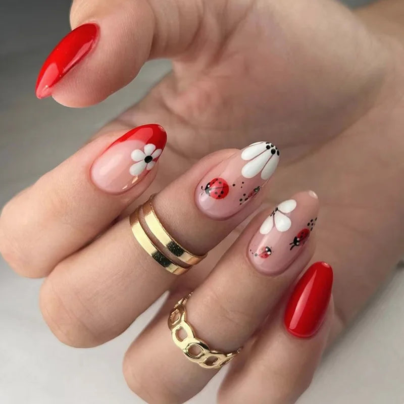 24pcs/Box Fresh Floral Almond False Nails Press On Nails Detachable Fake Nail Tip Purple with Design Manicure Patches