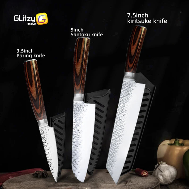 Kitchen Knives Japanese Chef Knife Set 7CR17 High Carbon Steel Full Tang Hammered Non-Stick Santoku Knifes Utility Meat Cleaver