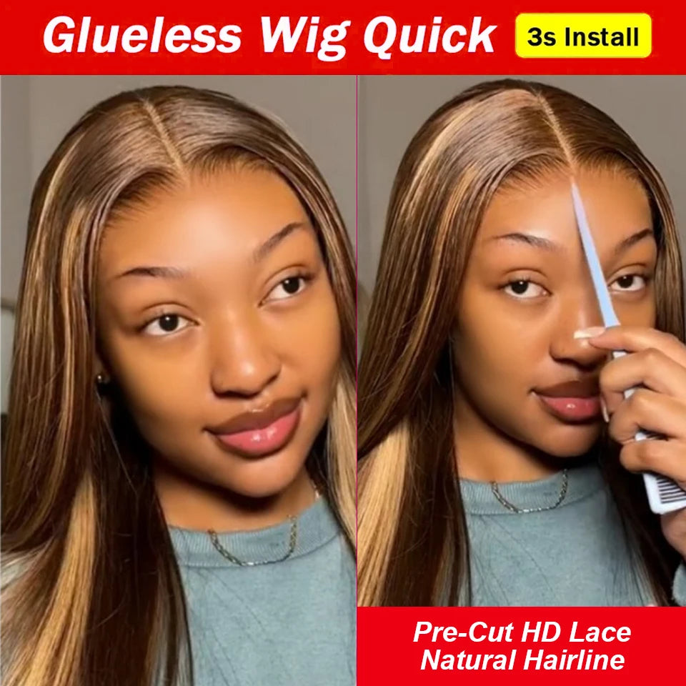Glueless Highlight Wig Human Hair Ready To Wear And Go Preplucked Ombre Colored Straight 13x6 HD Lace Frontal Wigs For Women 200