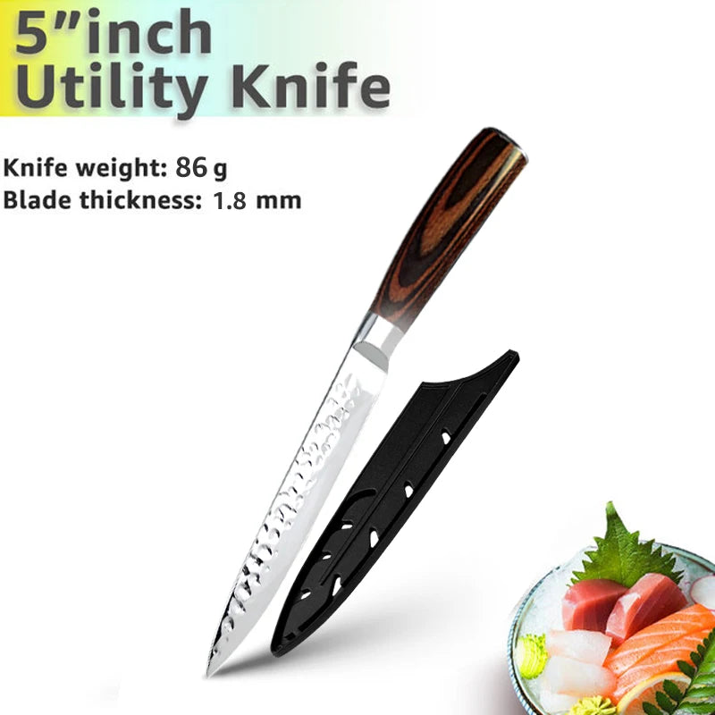 Kitchen Knives Japanese Chef Knife Set 7CR17 High Carbon Steel Full Tang Hammered Non-Stick Santoku Knifes Utility Meat Cleaver