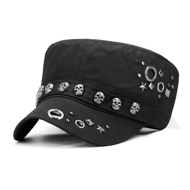 Beckyruiwu Adult Hip hop Punk Rock Skull Rivet Flat Peaked Hats Men Big Size Fitted Baseball Caps 56-58cm 60-62cm