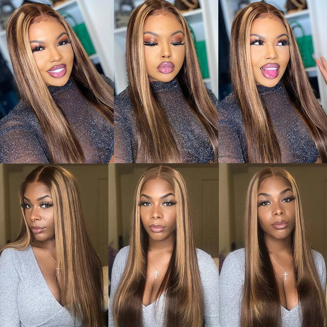 Glueless Highlight Wig Human Hair Ready To Wear And Go Preplucked Ombre Colored Straight 13x6 HD Lace Frontal Wigs For Women 200