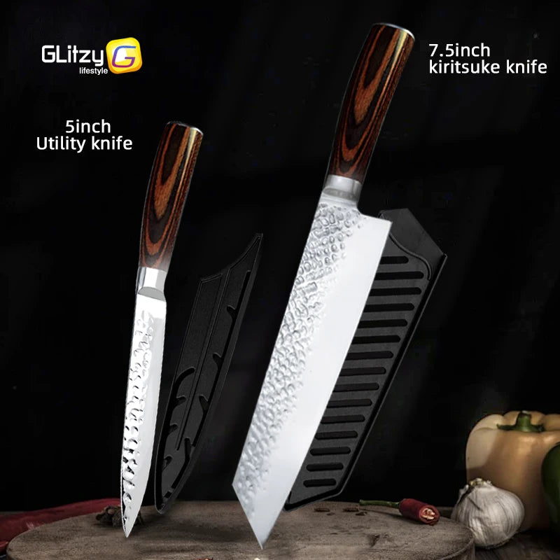 Kitchen Knives Japanese Chef Knife Set 7CR17 High Carbon Steel Full Tang Hammered Non-Stick Santoku Knifes Utility Meat Cleaver