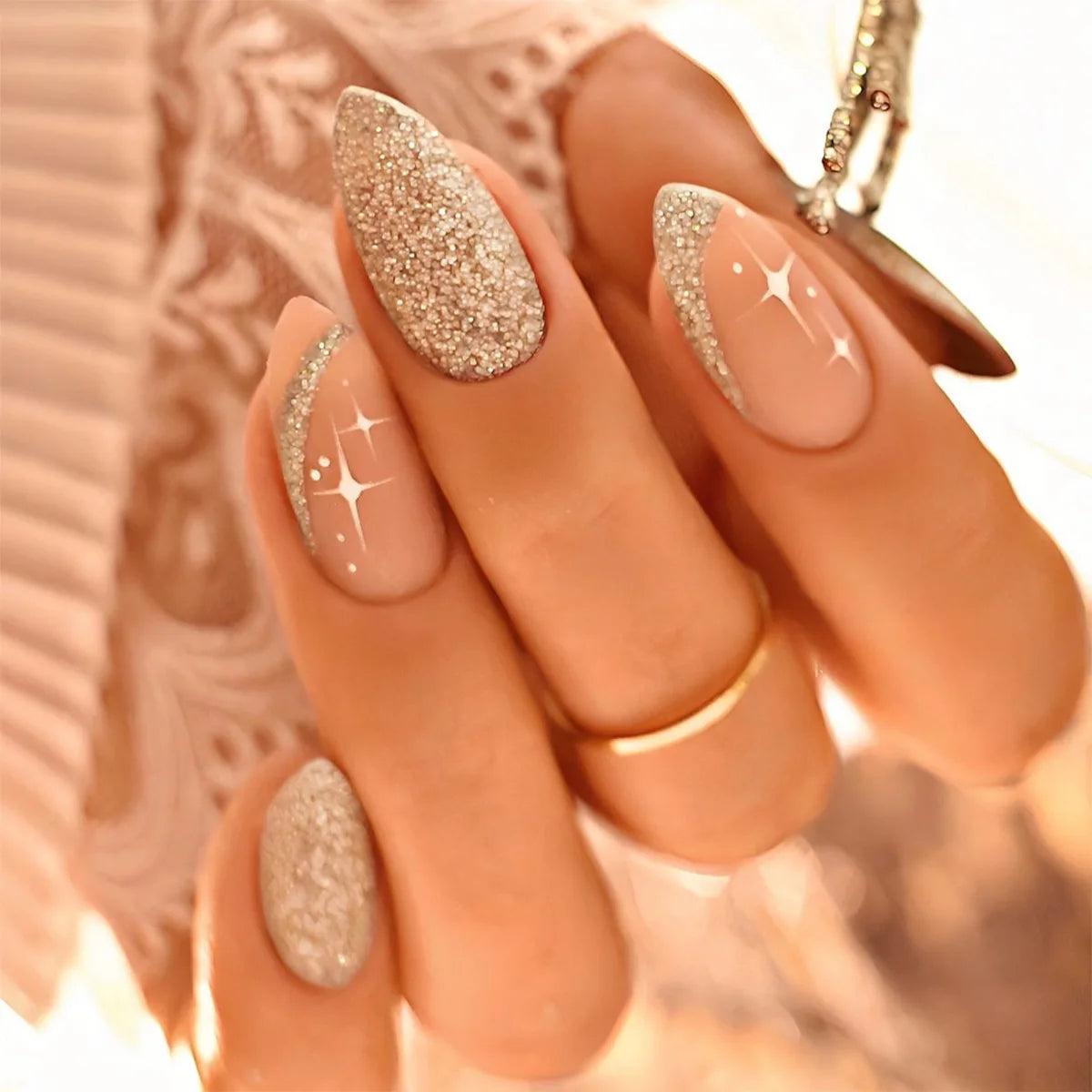 24Pcs Almond Fake Nail Long French False Nails Wearable Leaves Design Press on Nails Round Head Finished Full Cover Nail Tips