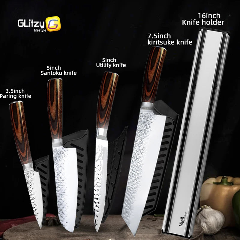 Kitchen Knives Japanese Chef Knife Set 7CR17 High Carbon Steel Full Tang Hammered Non-Stick Santoku Knifes Utility Meat Cleaver