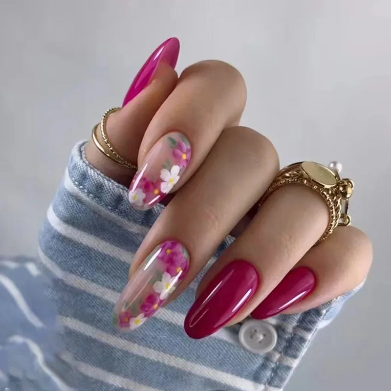 24pcs/Box Fresh Floral Almond False Nails Press On Nails Detachable Fake Nail Tip Purple with Design Manicure Patches