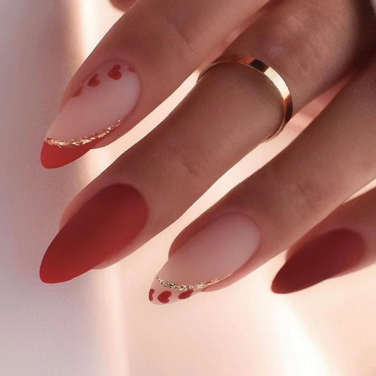 24Pcs Almond Fake Nail Long French False Nails Wearable Leaves Design Press on Nails Round Head Finished Full Cover Nail Tips