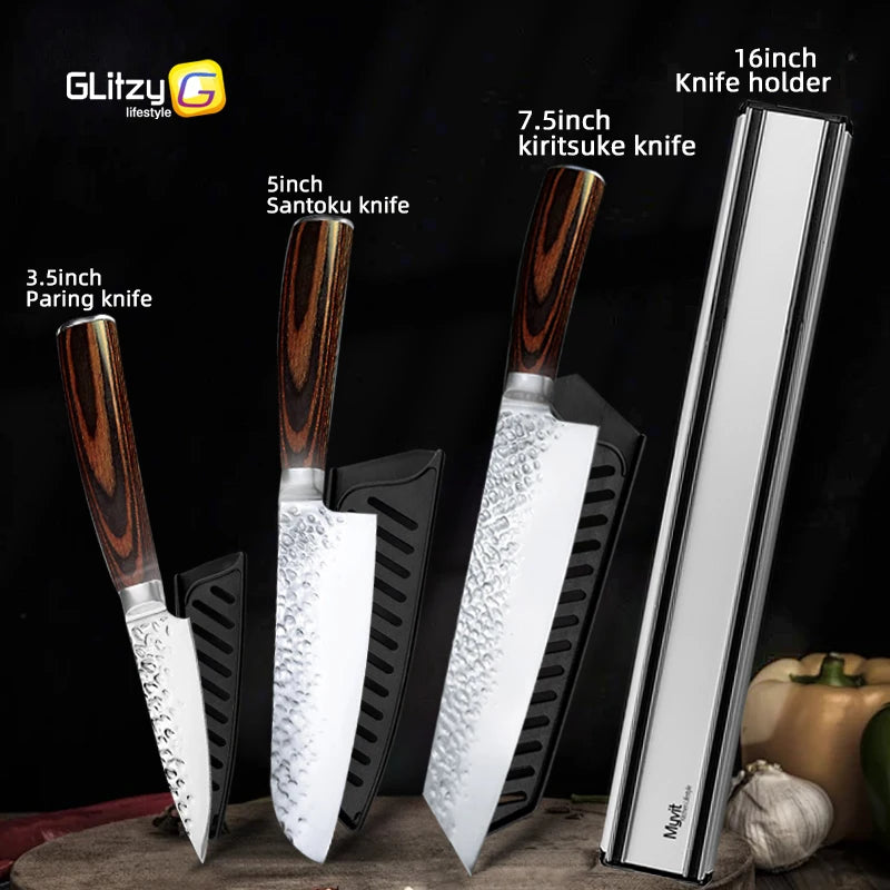 Kitchen Knives Japanese Chef Knife Set 7CR17 High Carbon Steel Full Tang Hammered Non-Stick Santoku Knifes Utility Meat Cleaver