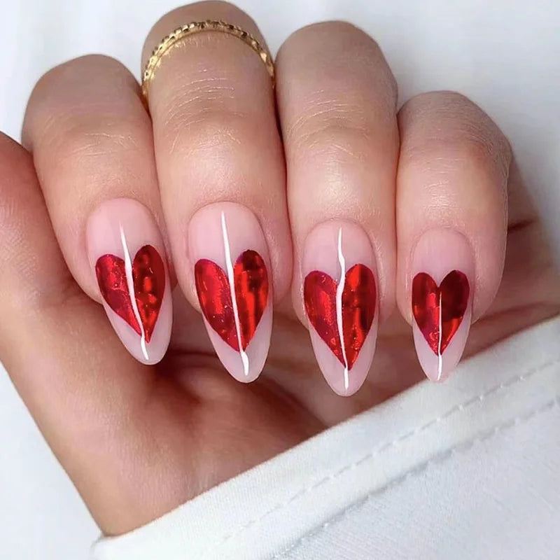 24Pcs Almond Fake Nail Long French False Nails Wearable Leaves Design Press on Nails Round Head Finished Full Cover Nail Tips