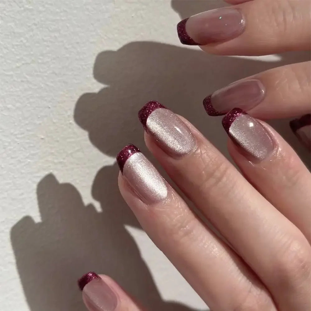 Detachable Nail Tips Long Ballerina And Square Fake Nails French Gold Red Edge Glitter False Nails Full Cover Press On Nails