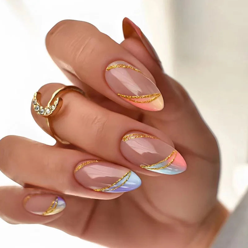 24pcs/Box Fresh Floral Almond False Nails Press On Nails Detachable Fake Nail Tip Purple with Design Manicure Patches