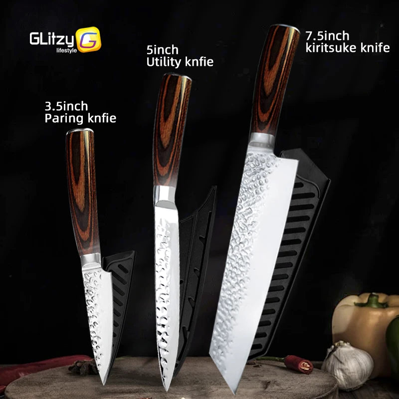 Kitchen Knives Japanese Chef Knife Set 7CR17 High Carbon Steel Full Tang Hammered Non-Stick Santoku Knifes Utility Meat Cleaver