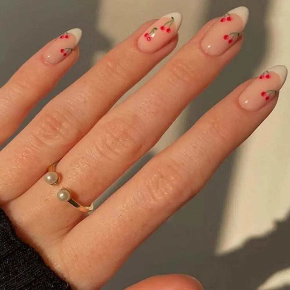 24pcs/Box Fresh Floral Almond False Nails Press On Nails Detachable Fake Nail Tip Purple with Design Manicure Patches