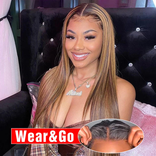 Glueless Highlight Wig Human Hair Ready To Wear And Go Preplucked Ombre Colored Straight 13x6 HD Lace Frontal Wigs For Women 200