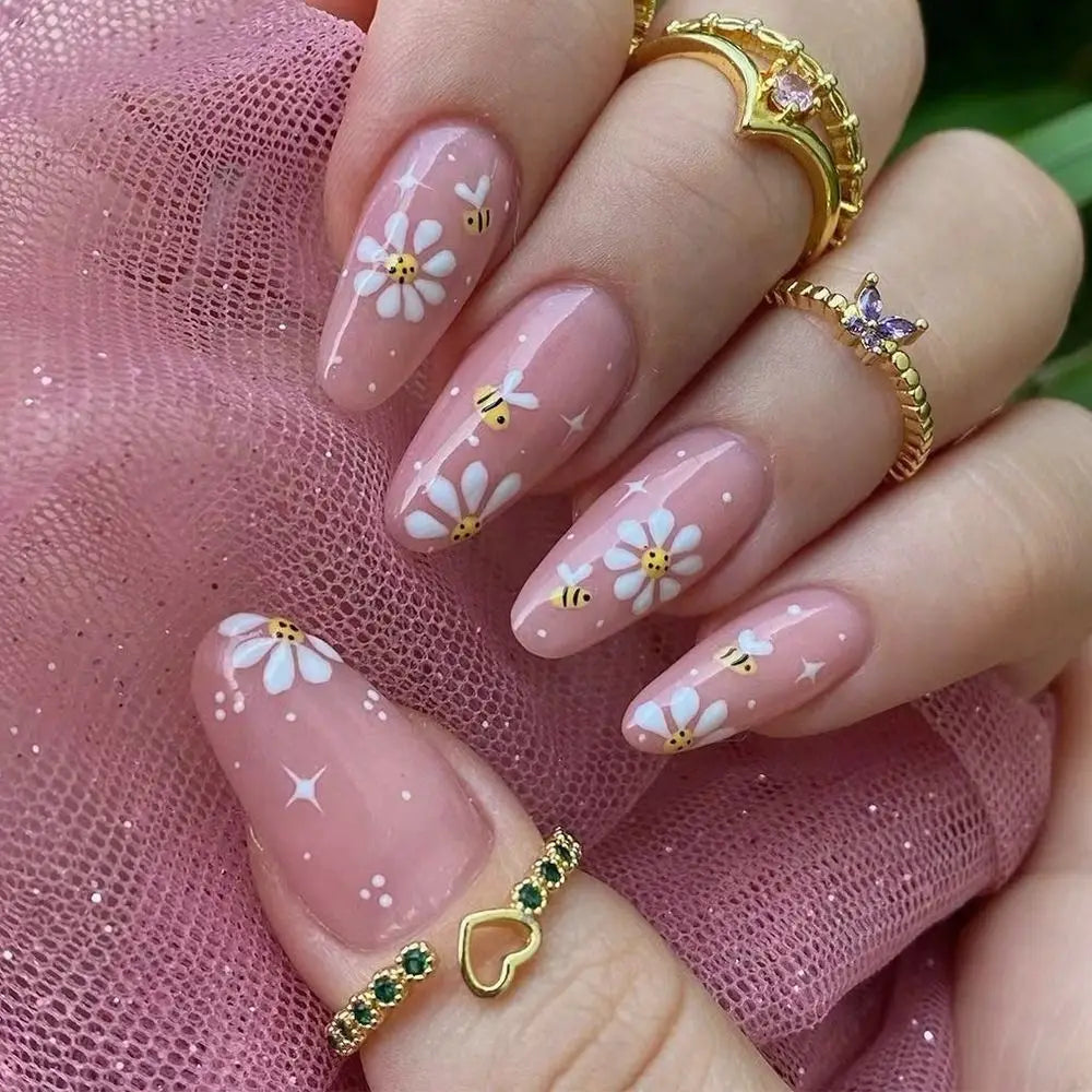 24pcs/Box Fresh Floral Almond False Nails Press On Nails Detachable Fake Nail Tip Purple with Design Manicure Patches
