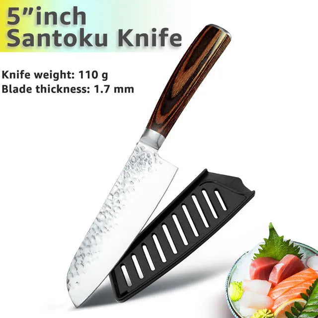 Kitchen Knives Japanese Chef Knife Set 7CR17 High Carbon Steel Full Tang Hammered Non-Stick Santoku Knifes Utility Meat Cleaver