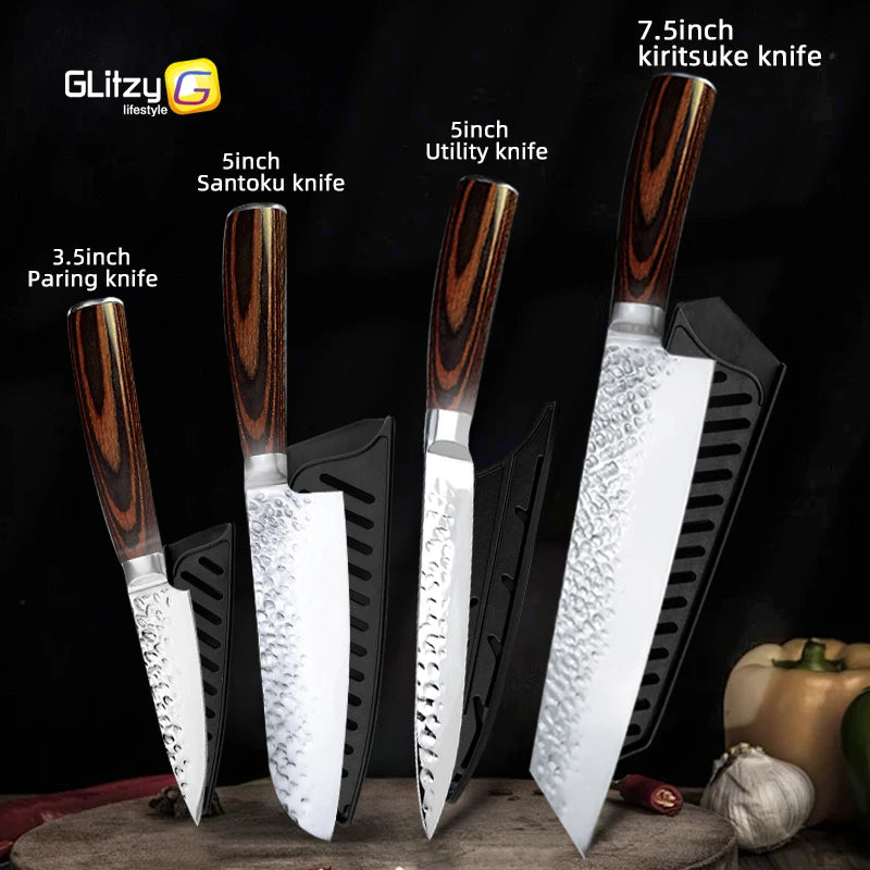 Kitchen Knives Japanese Chef Knife Set 7CR17 High Carbon Steel Full Tang Hammered Non-Stick Santoku Knifes Utility Meat Cleaver