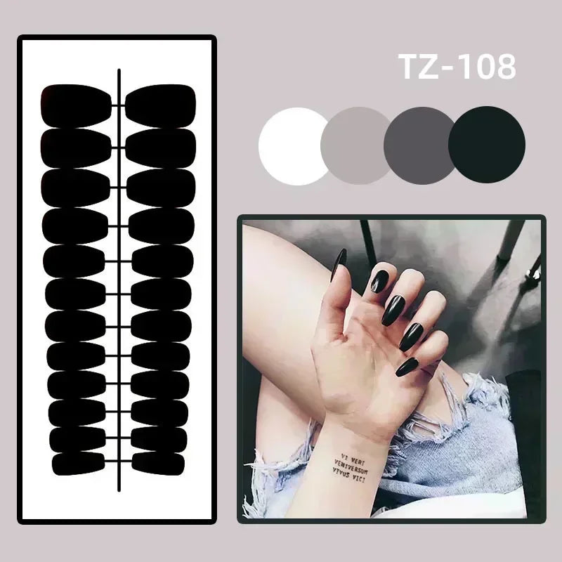 24Pcs Almond Fake Nail Long French False Nails Wearable Leaves Design Press on Nails Round Head Finished Full Cover Nail Tips