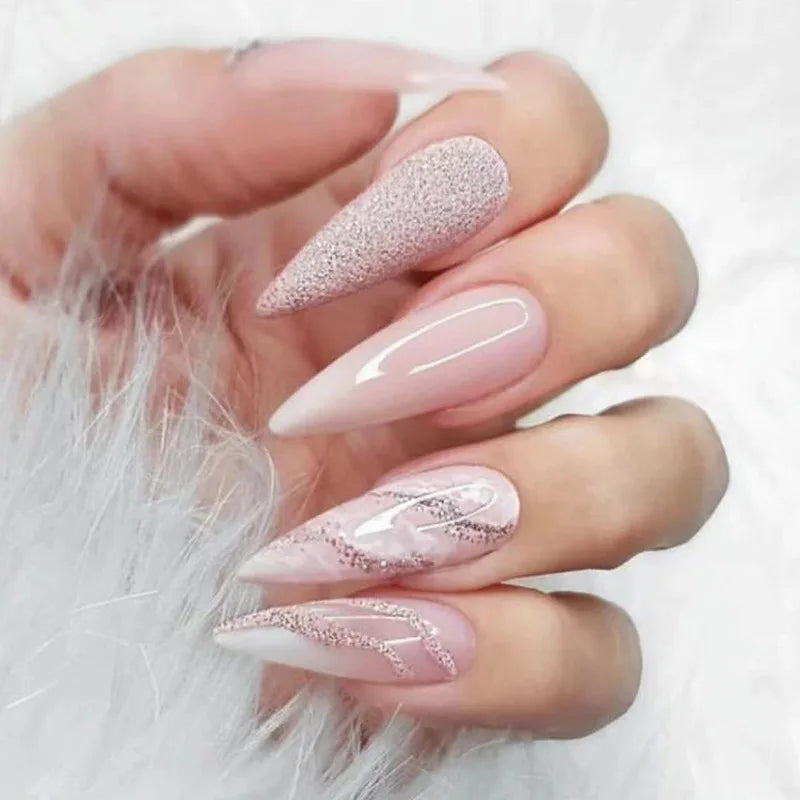 24Pcs Almond Fake Nail Long French False Nails Wearable Leaves Design Press on Nails Round Head Finished Full Cover Nail Tips