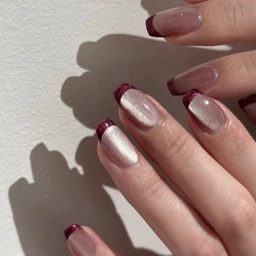 Detachable Nail Tips Long Ballerina And Square Fake Nails French Gold Red Edge Glitter False Nails Full Cover Press On Nails