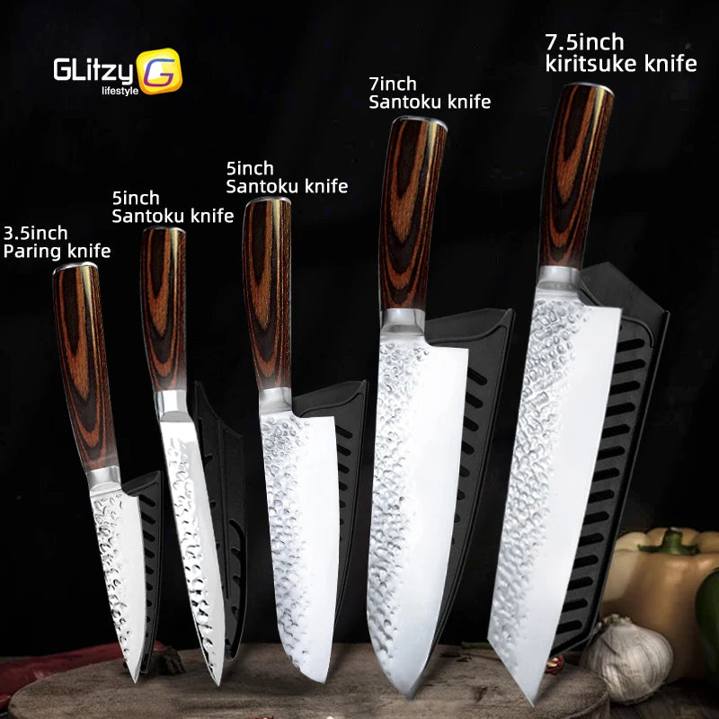 Kitchen Knives Japanese Chef Knife Set 7CR17 High Carbon Steel Full Tang Hammered Non-Stick Santoku Knifes Utility Meat Cleaver