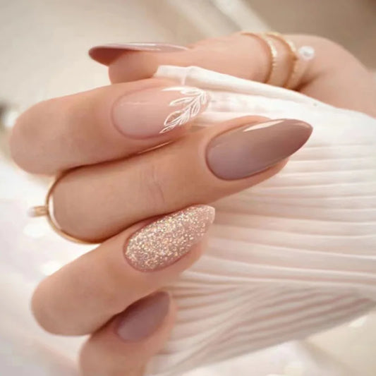 24Pcs Almond Fake Nail Long French False Nails Wearable Leaves Design Press on Nails Round Head Finished Full Cover Nail Tips
