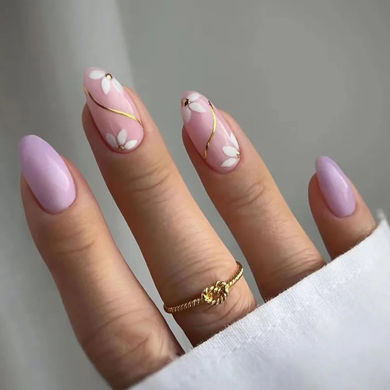 24pcs/Box Fresh Floral Almond False Nails Press On Nails Detachable Fake Nail Tip Purple with Design Manicure Patches