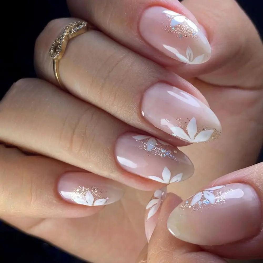24pcs/Box Fresh Floral Almond False Nails Press On Nails Detachable Fake Nail Tip Purple with Design Manicure Patches