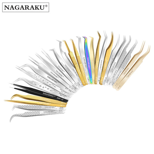 NAGARAKU Stainless Steel Straight Curved Nail Volume Eyelash Accurate Tweezers Nippers Pointed Clip Set Makeup Tools