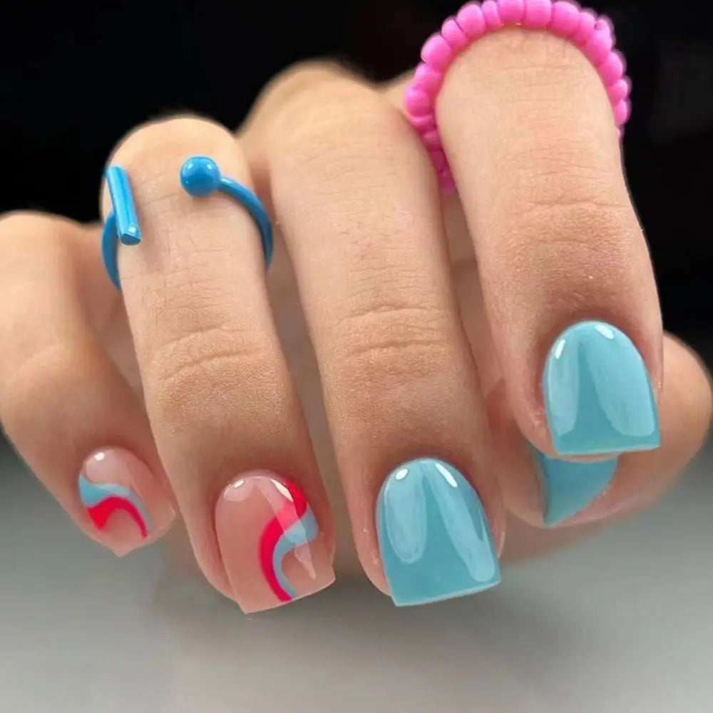 24Pcs/Box Colorful Edge Short Square False Nails French Fake Nials DIY Manicure Detachable Nail Tips Full Cover Press on Nails
