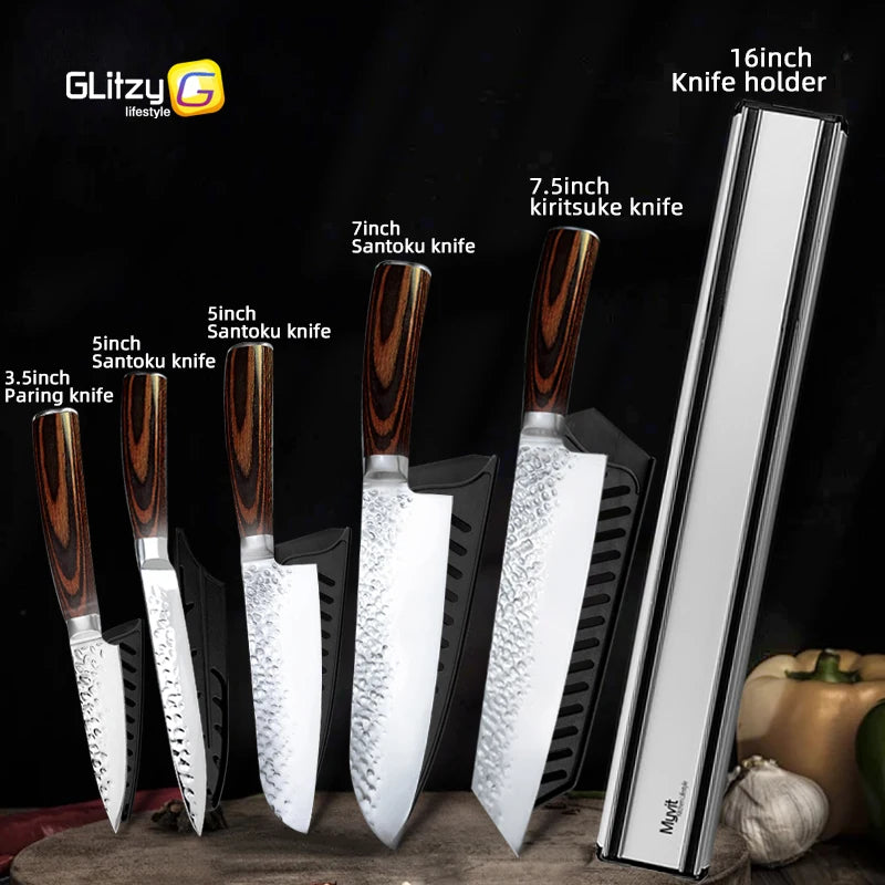 Kitchen Knives Japanese Chef Knife Set 7CR17 High Carbon Steel Full Tang Hammered Non-Stick Santoku Knifes Utility Meat Cleaver
