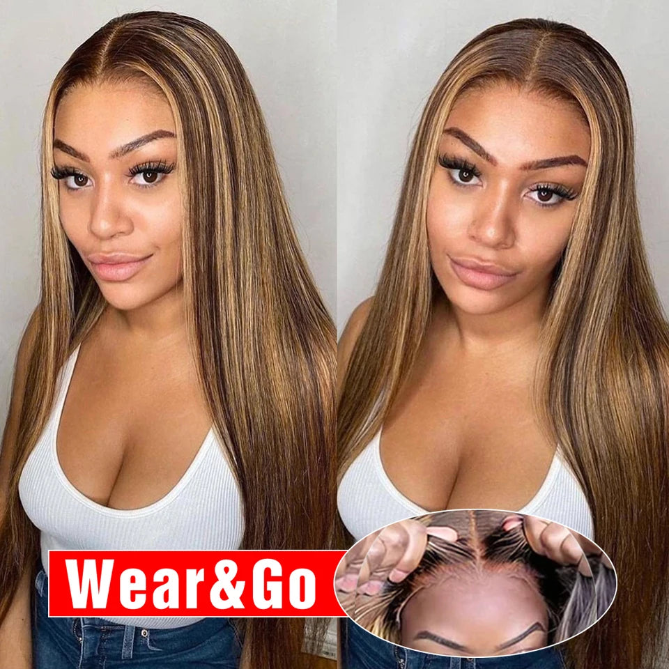 Glueless Highlight Wig Human Hair Ready To Wear And Go Preplucked Ombre Colored Straight 13x6 HD Lace Frontal Wigs For Women 200